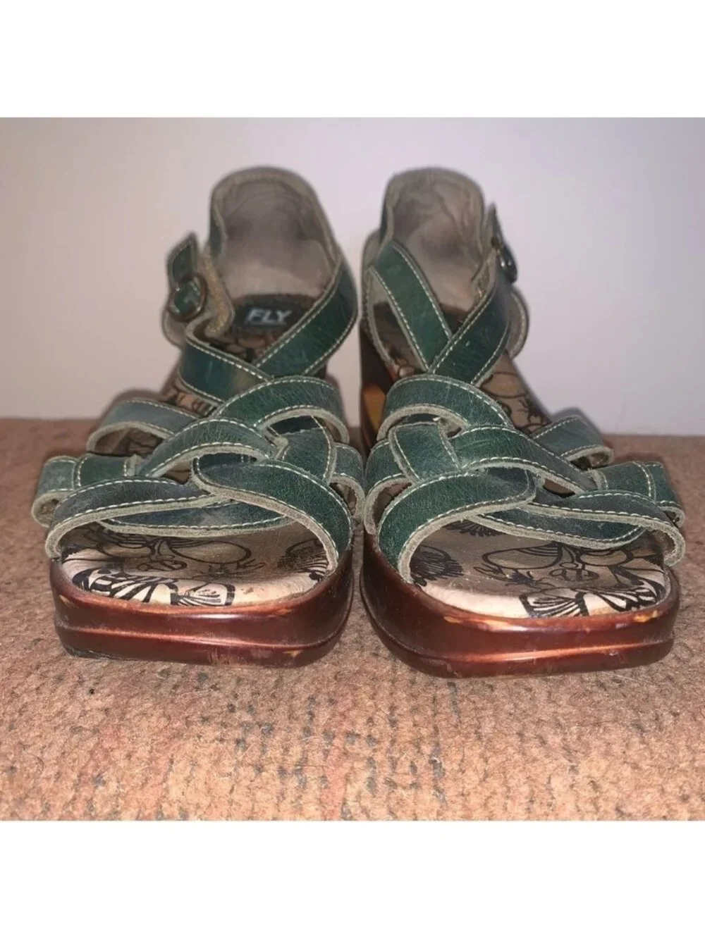 Fly London Teal Leather Wedge Sandals